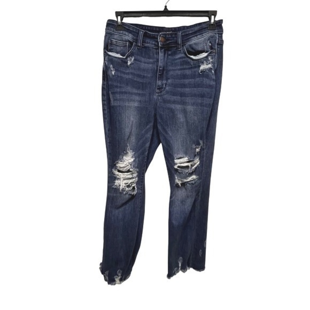 Judy Blue High Rise Distressed Slim Boot Cut Jeans Dark‎ Wash Raw Hem Denim 14W
